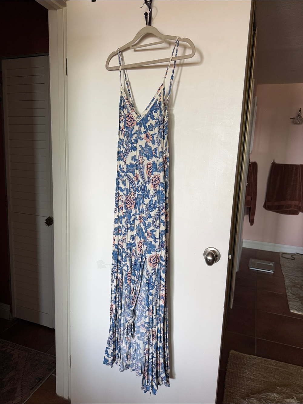 Spell Sleeveless Floral Maxi Dress in Blue and Cream with Pink Accents